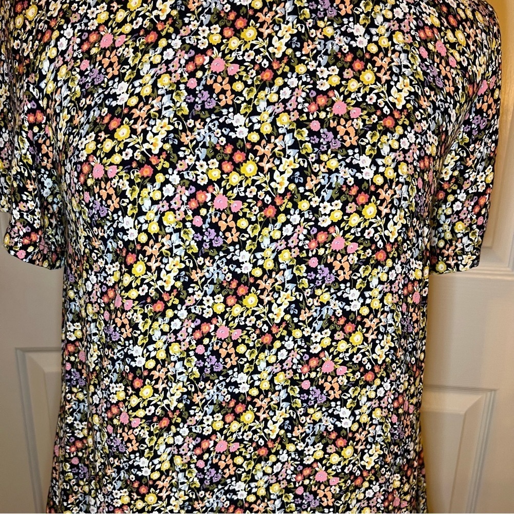 LOFT Short Sleeve Baby Doll Black & Floral Mini Short One Tier Dress Womens XS - Picture 3 of 7